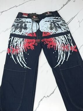 Southpole Women’s Size 7/28 Wide Leg Jeans Dark Wash Graphic Wings Chain Y2K NWT